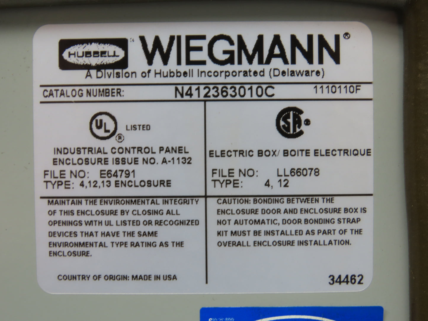 Wiegmann N412363010C Electrical Enclosure Control Panel 36x30x10" 12x9" Cutout