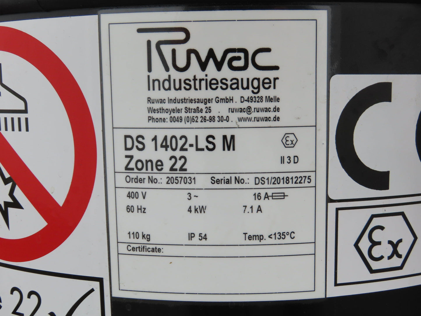 Ruwac DS 1402 LS M Industrial Mobile Vacuum 440 CBM/H 213mbar 3Ph 400V 4kw
