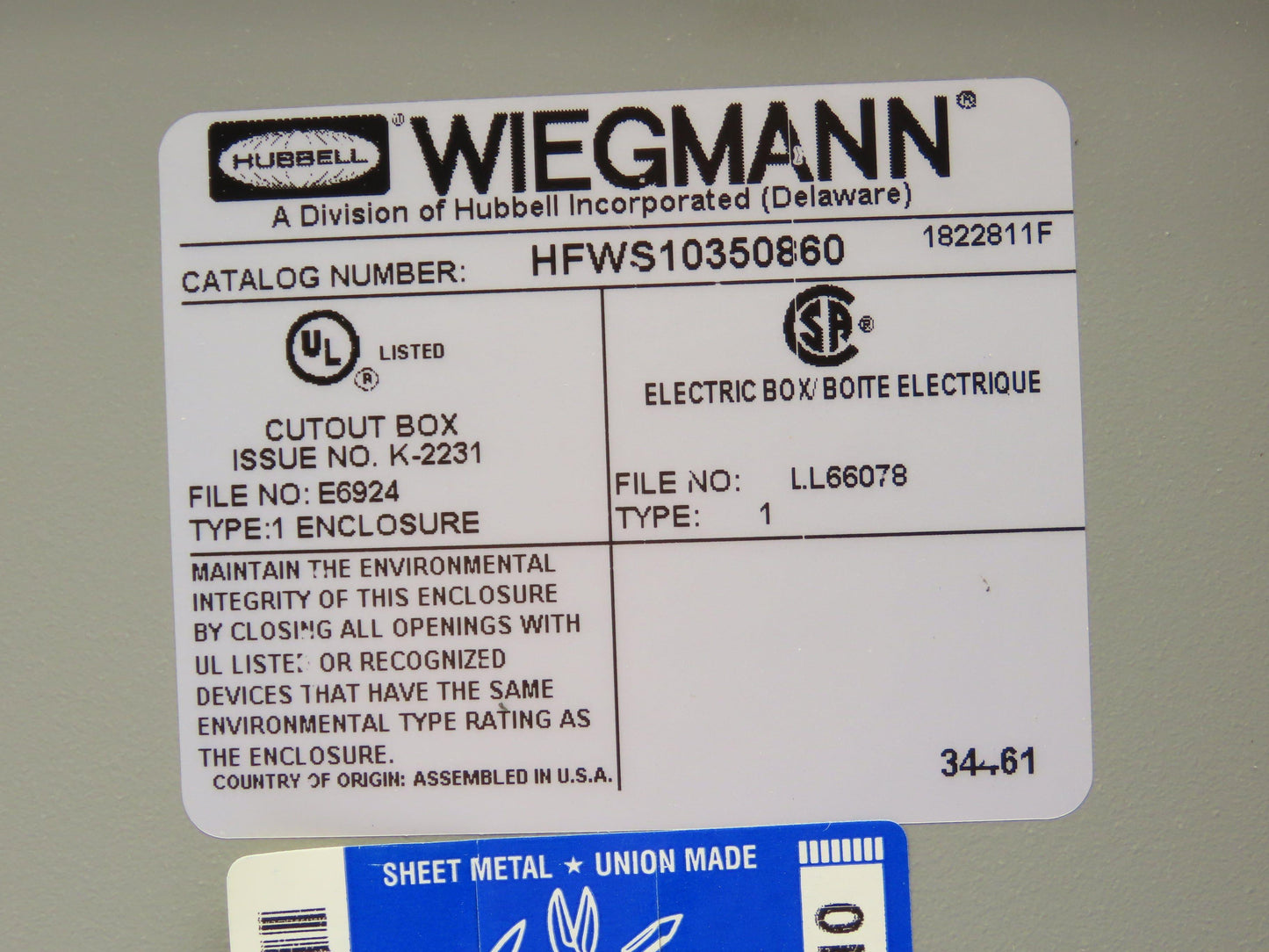 Wiegmann HFWS10350860 Electrical Enclosure JIC 14x12x6" NEMA Type 1