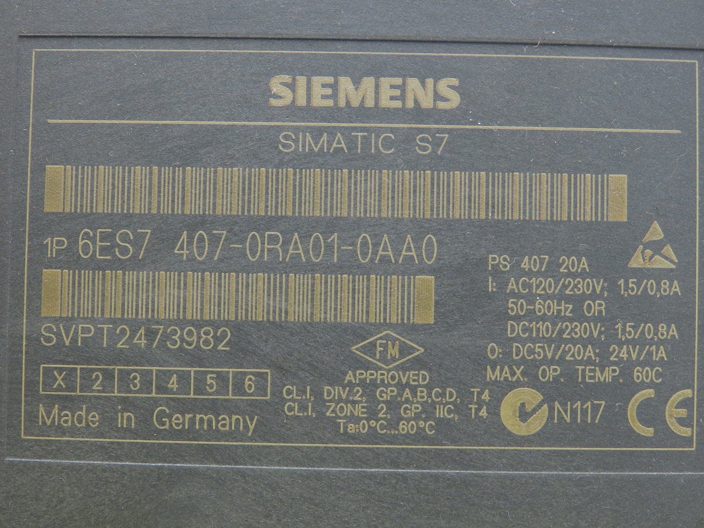 Siemens 6ES7 407-0RA01-0AA0 Simatic S7-400 Power Supply Module 120/230V 20A