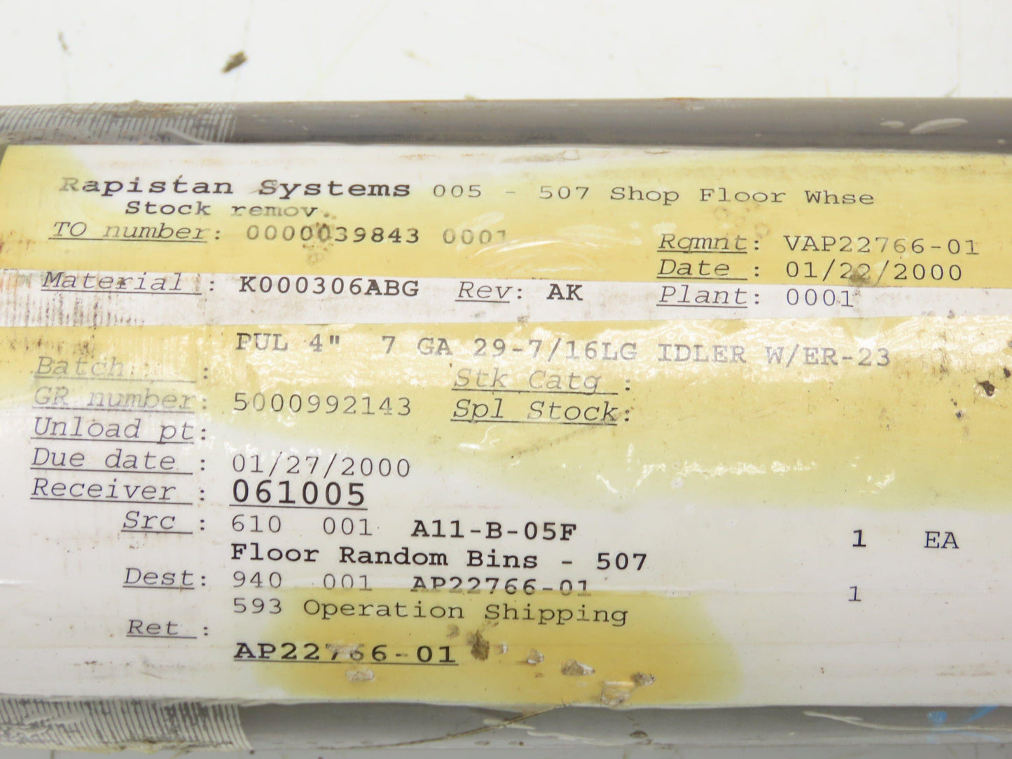 Rapistan K000306ABG Belt Conveyor Steel Idler Pulley 4" Dia 29-7/16"W