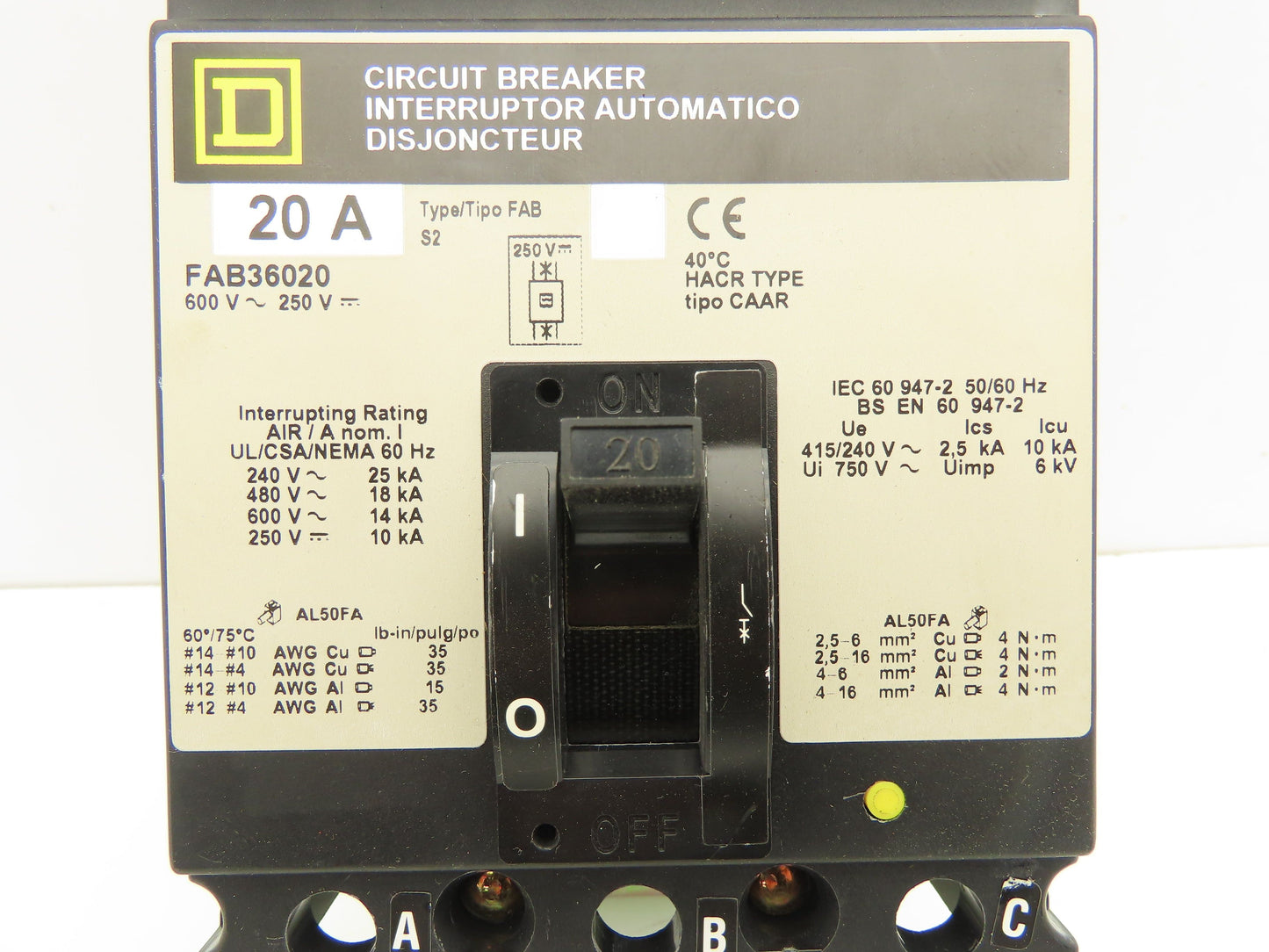 Square D FAB36020 I-Line Circuit Breaker 20A 600V 3 Pole Gray Face