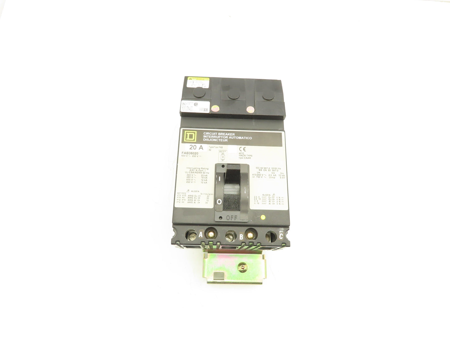 Square D FAB36020 I-Line Circuit Breaker 20A 600V 3 Pole Gray Face