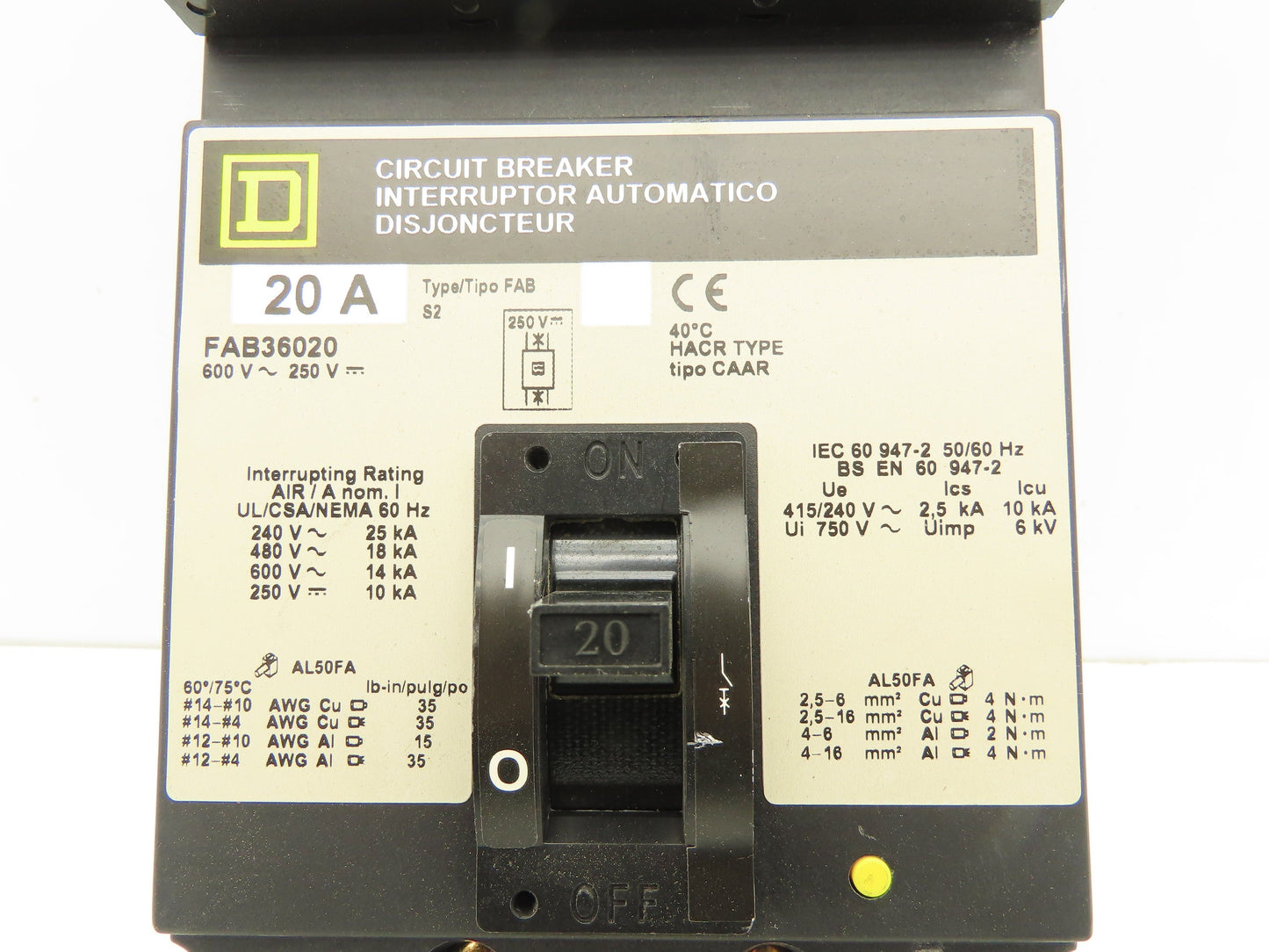 Square D FAB36020 I-Line Circuit Breaker 20A 600V 3 Pole Gray Face