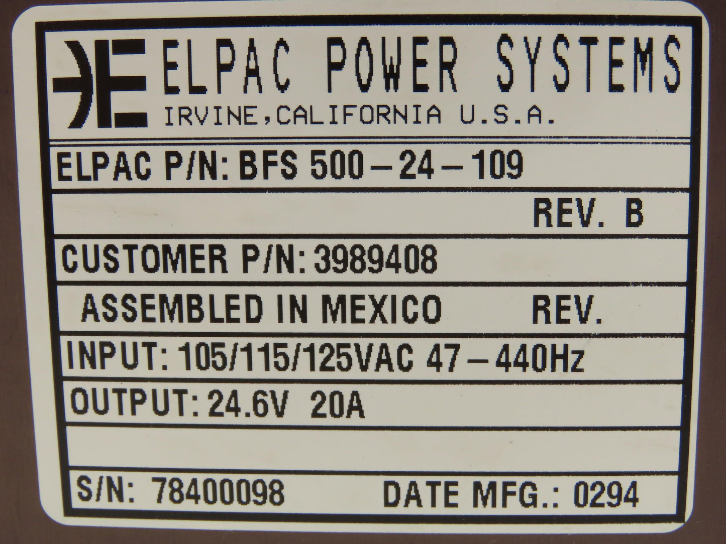 Elpac Power Systems BFS 500-24-109 Power Supply 24.6VDC Output 20A