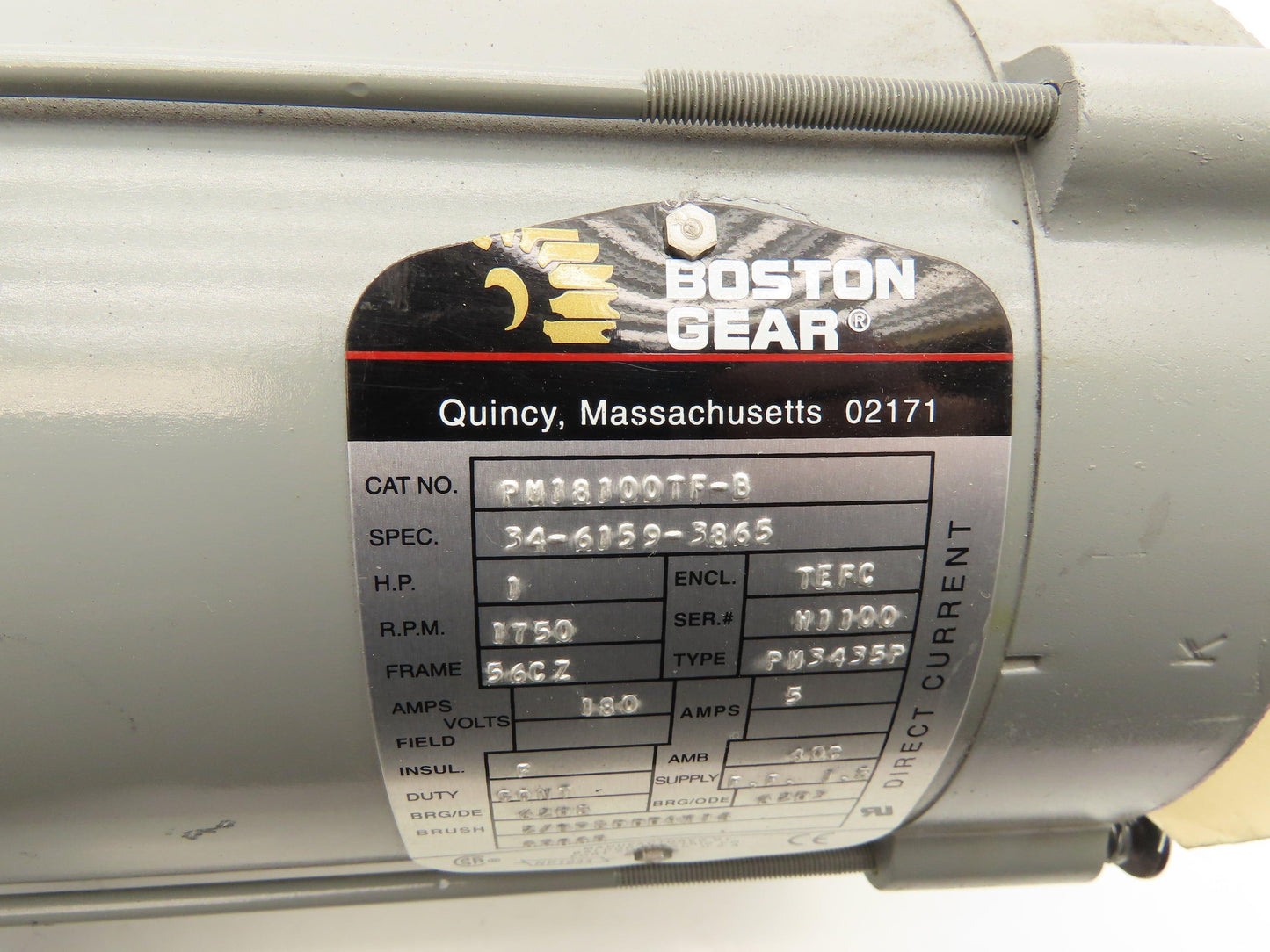 Boston Gear PM18100TF-B DC Motor 180V 1Hp 5A 1750 RPM 56CZ Frame 7/8" Shaft