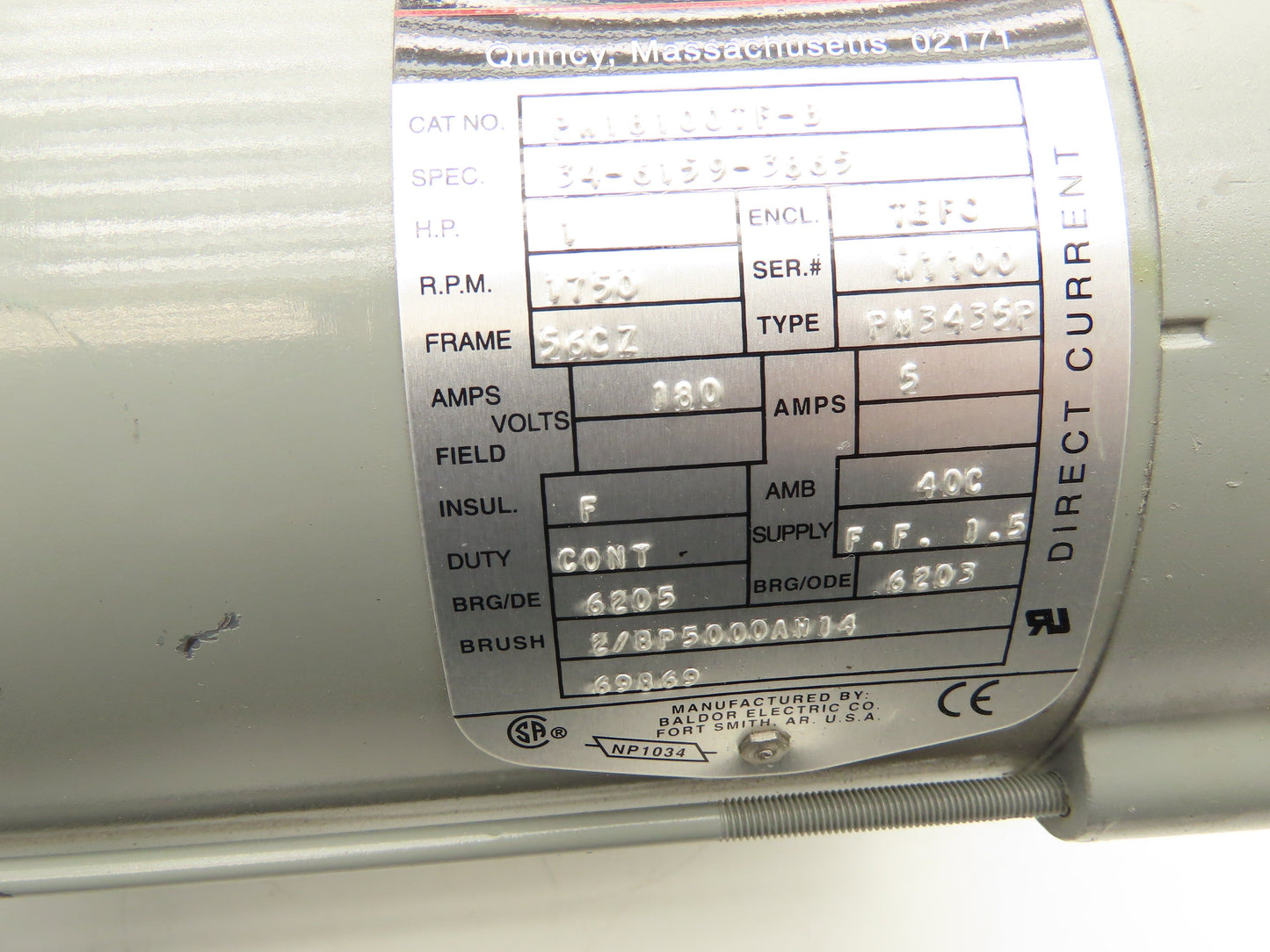 Boston Gear PM18100TF-B DC Motor 180V 1Hp 5A 1750 RPM 56CZ Frame 7/8" Shaft