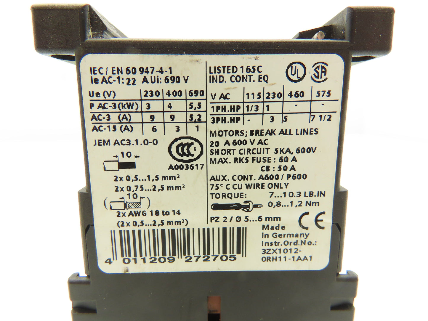 Siemens 3RT1016-1BB41 Contactor 24VDC Coil 9A 400VAC 4kW 3Pole Lot Of 8