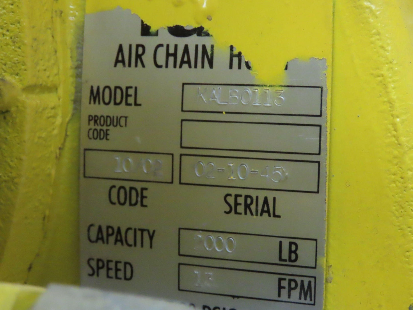 Yale KAL 1 Ton 2000Lb Pneumatic Air Chain Hoist 10' Lift Pendant w/Push Trolley