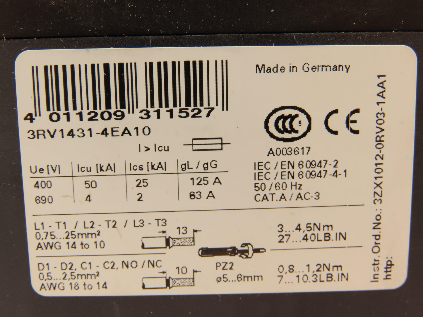 Siemens 3RV1431-4EA10 Manual Motor Starter Circuit Breaker 22A-32A 3PH 600VAC