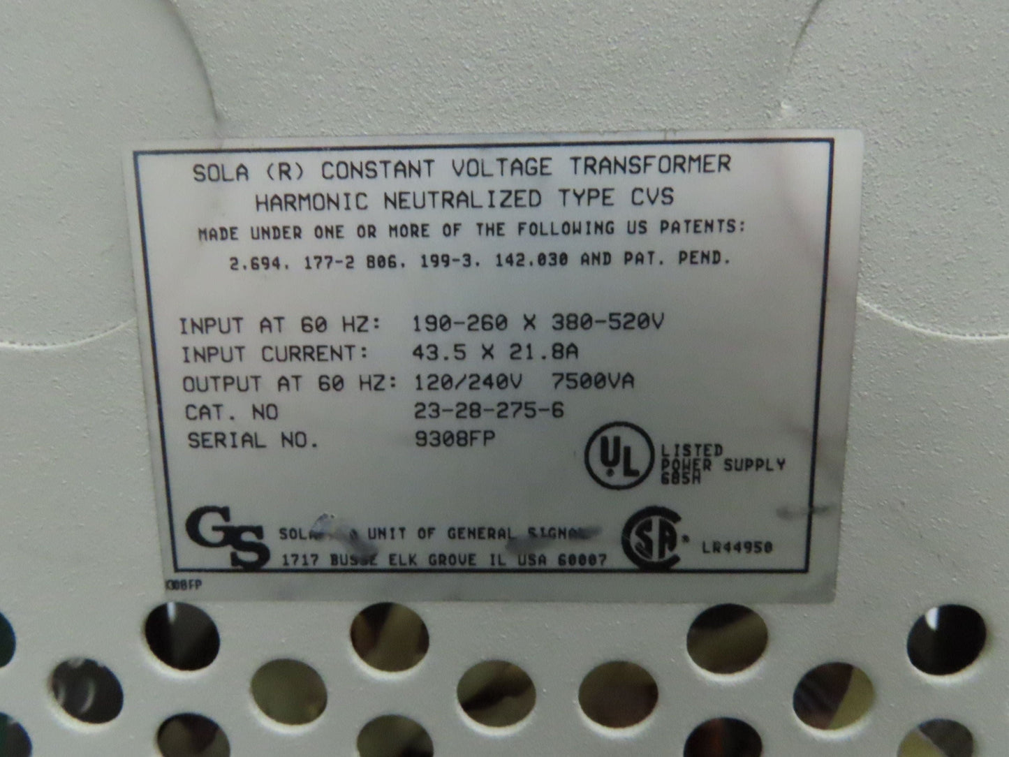 Sola 23-28-275-6 CVS Power Transformer 7500VA HV 240/480V LV 120/240V
