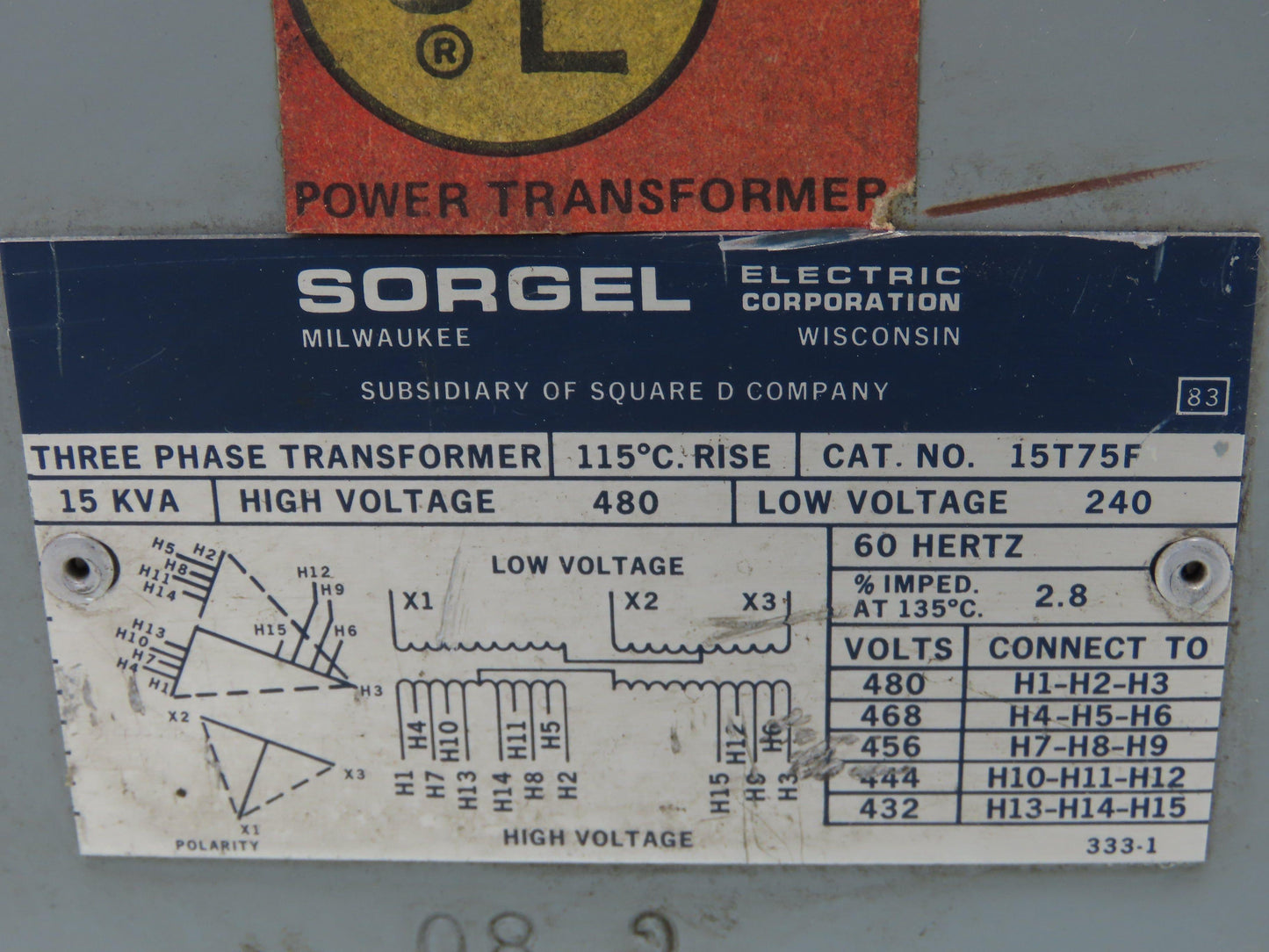Square D 15T75F Stepdown Power Transformer 15 kVA 3Ph HV 480V LV 240V Delta