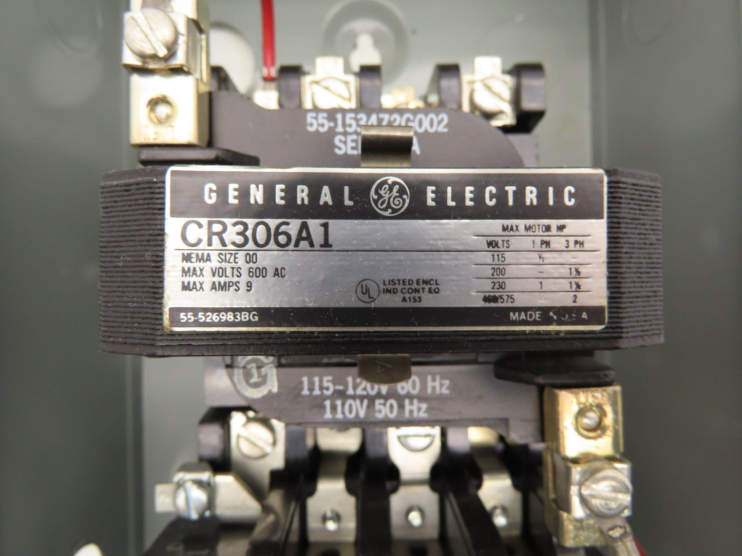 GE CR306A1 Magnetic Motor Starter 600V NEMA 00 Enclosure 3 Pole 9 Amp 120V Coil