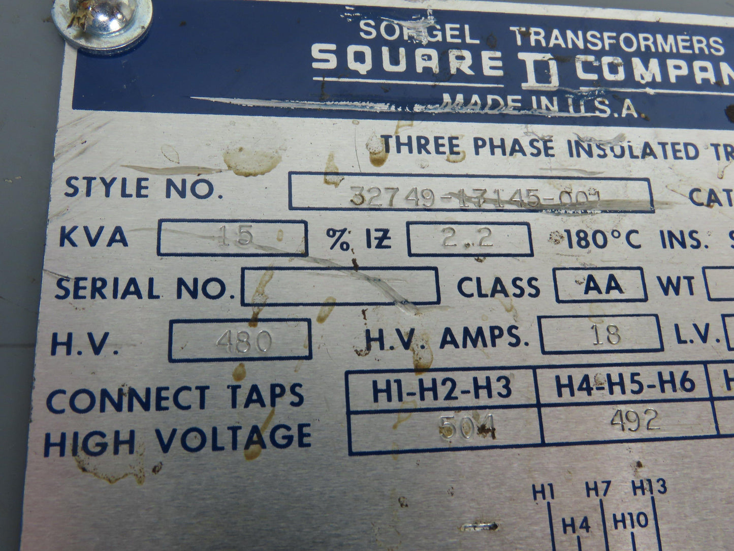 Square D 32749-17145-001 Stepdown Transformer 15 kVA 3Ph HV 480V LV 208Y/120