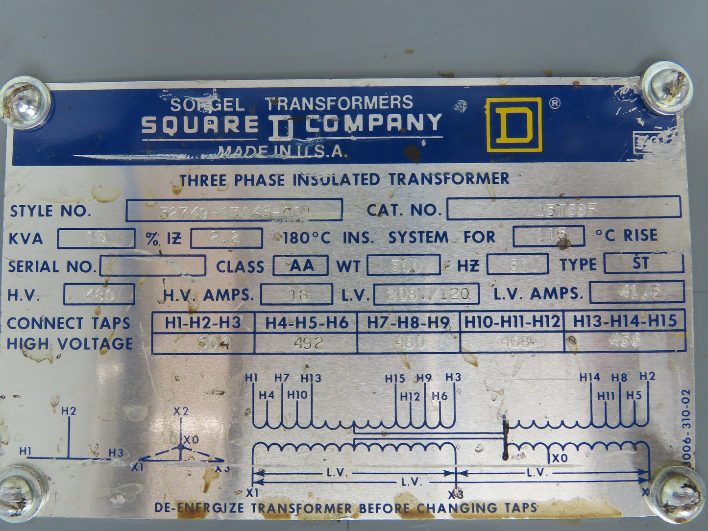 Square D 32749-17145-001 Stepdown Transformer 15 kVA 3Ph HV 480V LV 208Y/120