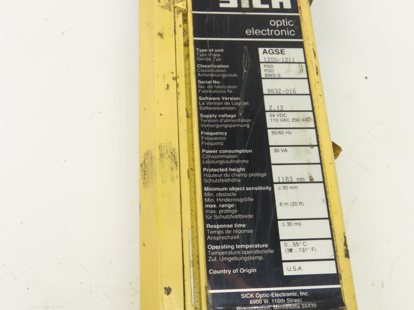Sick Optic AGSE 1200-1211 Safety Light Curtain Receiver 1183mm x 6m