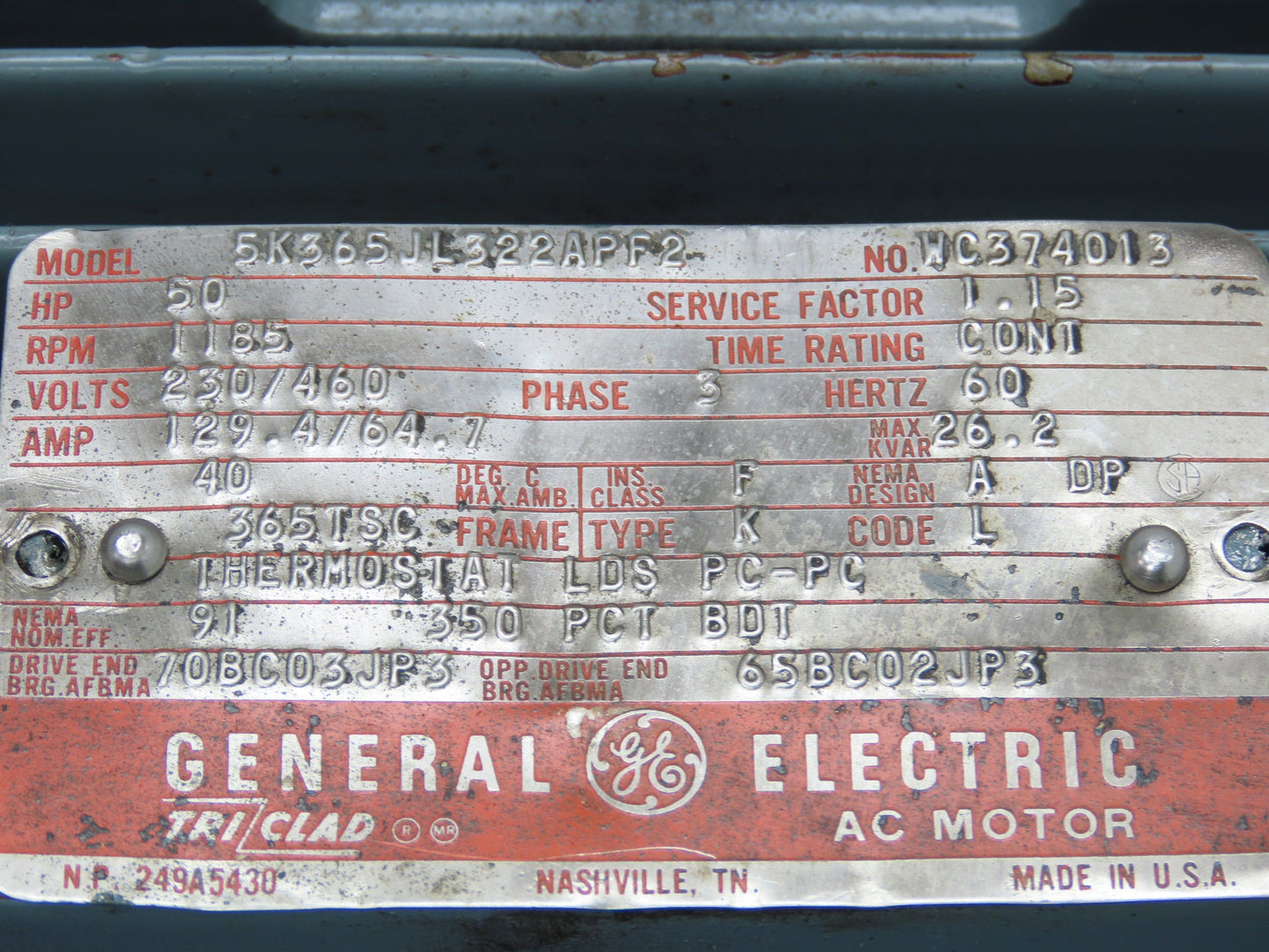 General Electric 5K365JL322APF2 AC Motor 50Hp 1185 RPM 230/460V 3PH 365TSC Frame