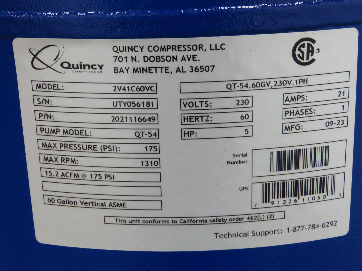 Quincy 2V41C60VC QT-54 Pro Air Compressor 5HP 60 Gal 15.2CFM Two-Stage 230V 1Ph