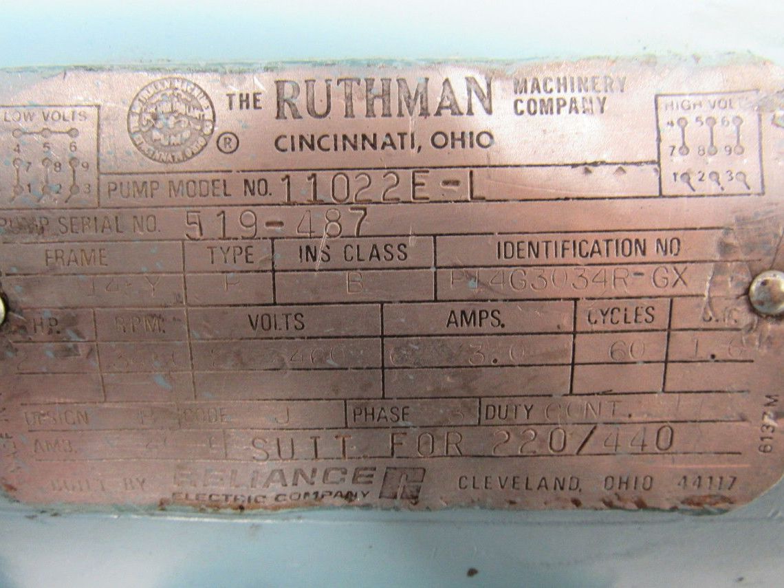 Ruthman Machinery 11022E-L Coolant Pump Motor 3HP 3Phase 3450RPM