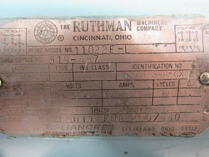 Ruthman Machinery 11022E-L Coolant Pump Motor 3HP 3Phase 3450RPM