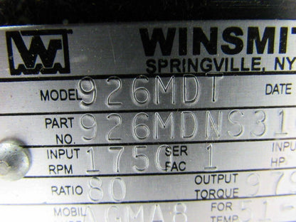 Winsmith 926MDNS3100KHC 926MDT Worm over Speed Reducer 80:1 C-Face In