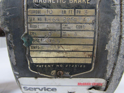 Reuland Electric Co. A Magnetic Brake Unit 465V 3PH Torque 10 ft. lbs. 1" Shaft
