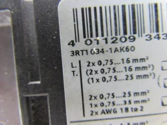 Siemens 3RT1 034-1AK60 Sirius Contactor 45A 600V