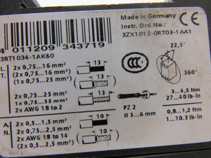 Siemens 3RT1 034-1AK60 Sirius Contactor 45A 600V