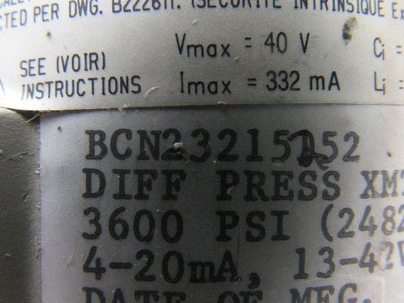 Bailey BCN23215252 Pressure Transmitter 3600 PSI Diff Press Xmtr 30" H20