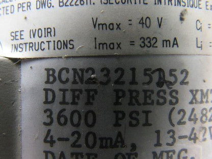 Bailey BCN23215252 Pressure Transmitter 3600 PSI Diff Press Xmtr 30" H20