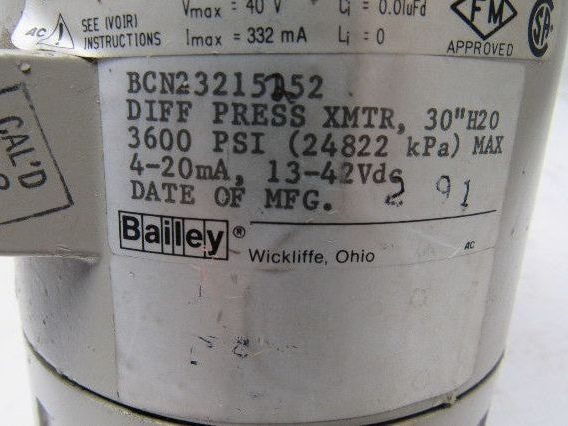 Bailey BCN23215252 Pressure Transmitter 3600 PSI Diff Press Xmtr 30" H20