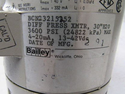 Bailey BCN23215252 Pressure Transmitter 3600 PSI Diff Press Xmtr 30" H20