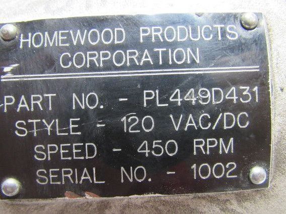Homewood Products PL449D431 Drill Head Gear Motor 120 VAC/DC 450 RPM