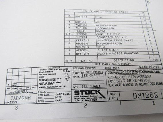 Stock Equipment Co. D31262-1 Motor Kit L.A. ACM9033 to Reliance 210T Frame