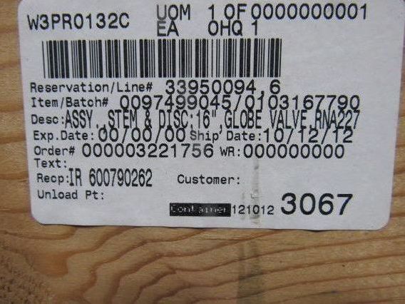Powell Globe Valve Stem & Disc Assembly 16" x 83" Length 3-1/2" Dia.