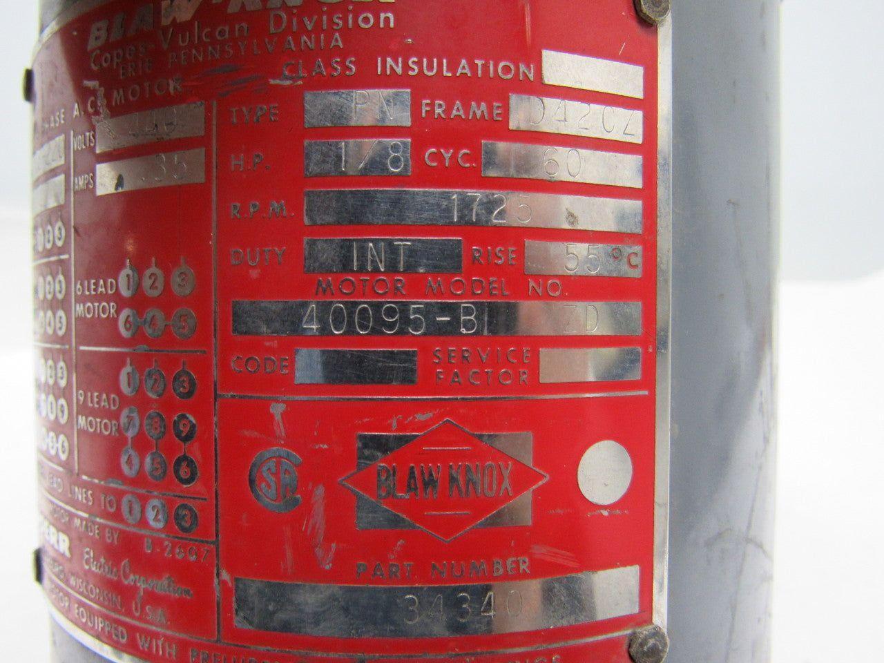 Blaw-Knox 40095-B AC Electric Motor 1/8Hp 1725rpm 220/440v 3Ph D42CZ Frame