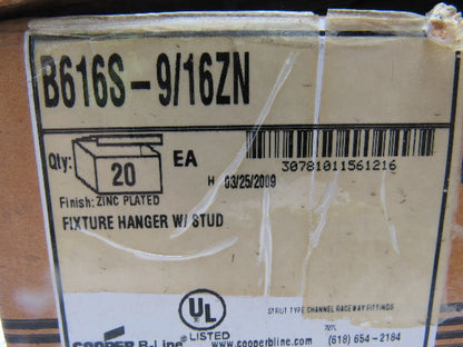 Cooper B-Line B616S-9 19ZN Zinc Plated Fixture Hanger Stud Mount Lot of 20