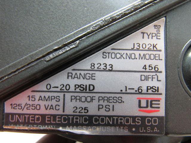 United Electric J302K-456 Pressure Controller Switch 0-20 PSID 1/4"NPT 125/250V