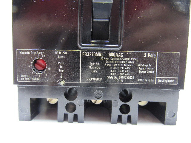 Westinghouse FB3270MRL Magnetic Only 3 Pole 30A 600V Trip 270 Hi 90 Lo