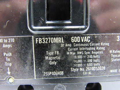 Westinghouse FB3270MRL Magnetic Only 3 Pole 30A 600V Trip 270 Hi 90 Lo