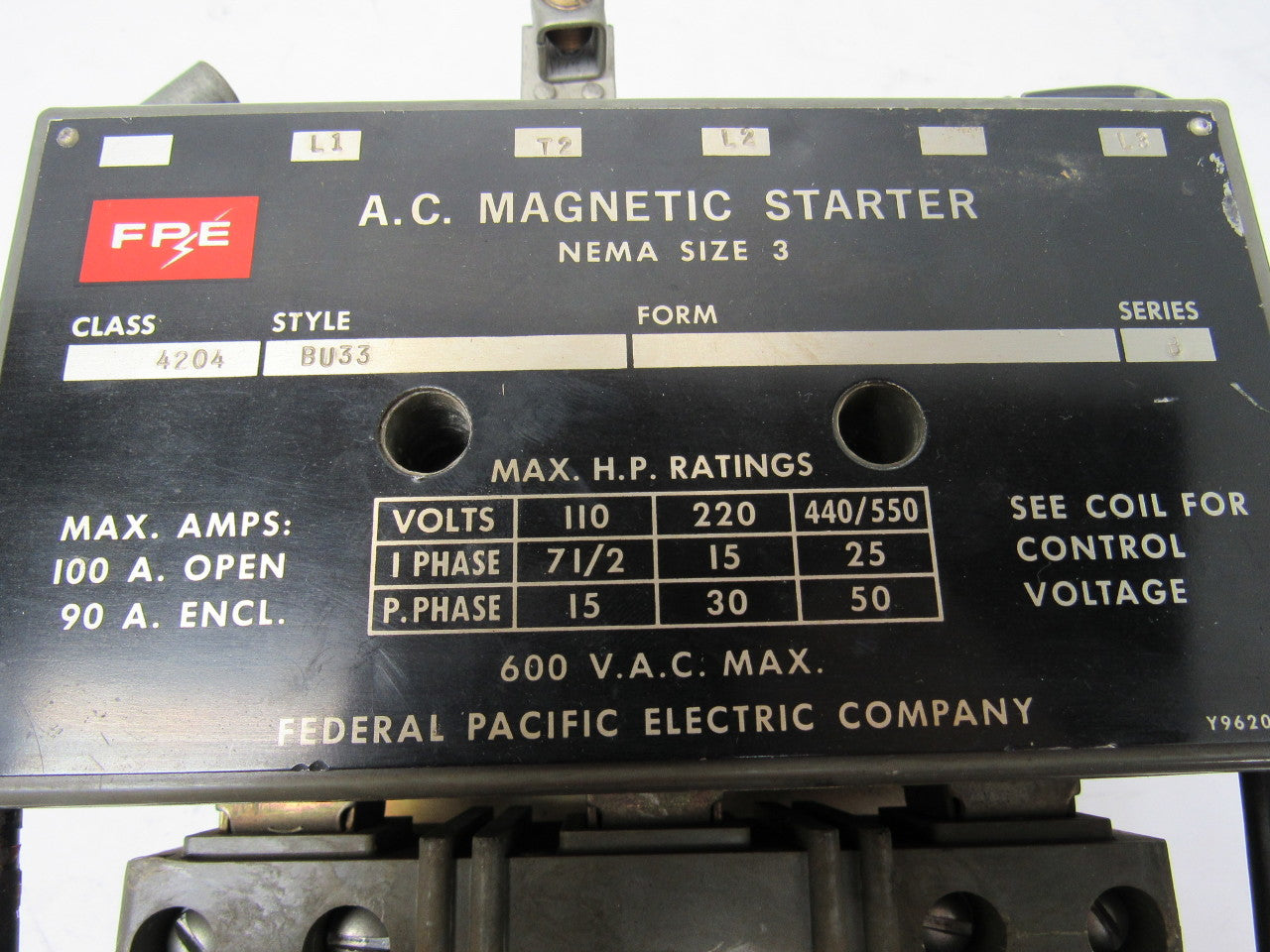 Federal Pacific Class 4204 Style BU33 Series B Size 3 Magnetic Starter600V 50 HP