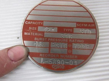 Oseco L-5890-01 12" Rupture Disc 168 PSIG at 72F 316SS
