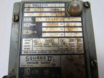 Square D 9012 GFW-31 G2P1 Series B Pressure Switch 20-880 PSI 1000 PSI Max
