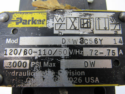 Parker D3W 3C56Y 14 Double Op Solenoid Directional Valve 3000 PSI Max 120V Coil