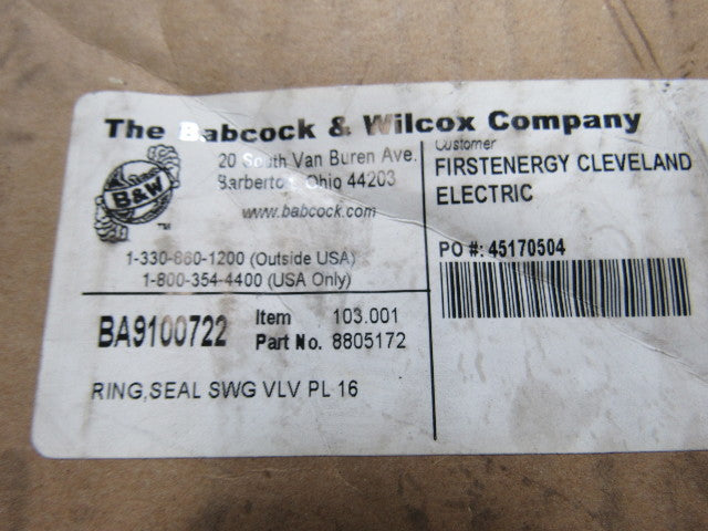 Babcock & Wilcox 8805172 BA9100722 Ring Seal SWG Valve PL 16 , 15-3/4" I.D.