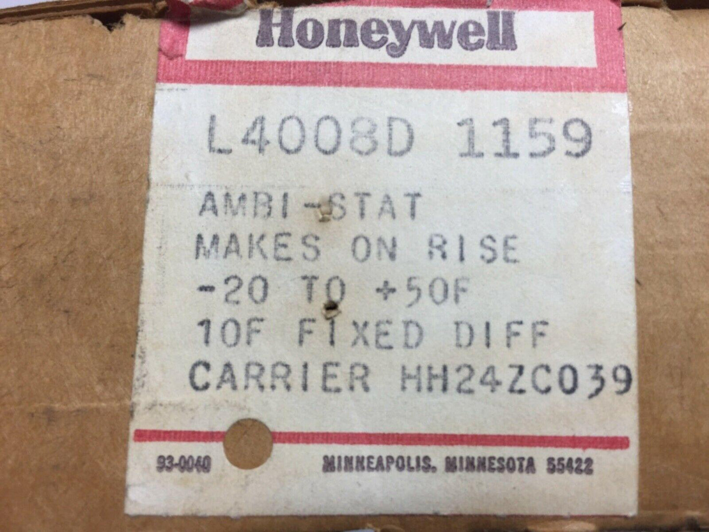 Honeywell Ambi-stat L4008D 1159  Temperature Controller 0.25 AMP -20 to 50F