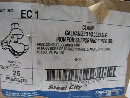Steel City EC1-1 1" Malleable Iron Edge Clamp to Conduit Clamp Box of 25