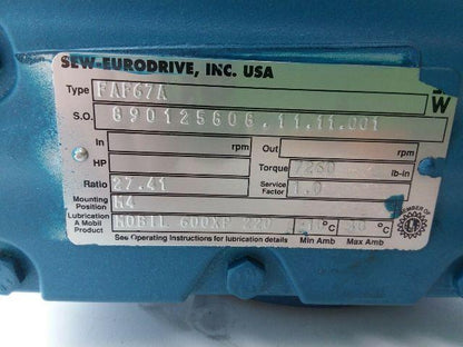 SEW-EURODRIVE FAF67A Snuggler Parallel Shaft Gear Reducer 27.41 Ratio New