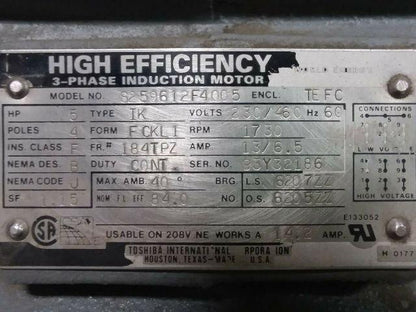 Toshiba S259612F4005 5 HP Electric Motor 230/460V 3PH 1730 RPM 184TPZ Frame
