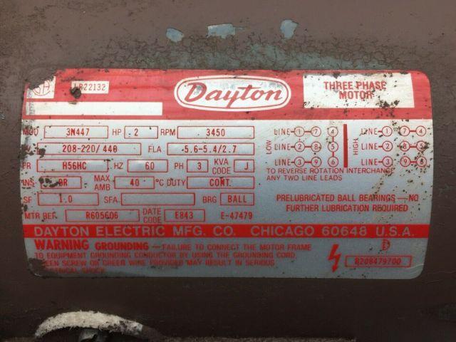 Dayton 3N447 2 HP Electric Motor208-220/440V 3PH 3450 RPM H56HC Frame